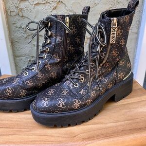 GUESS Logo Pattern Black and Brown Moto Boots